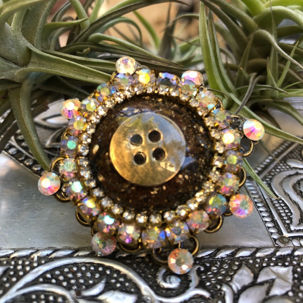 Handmade button cocktail ring sparkly crystal